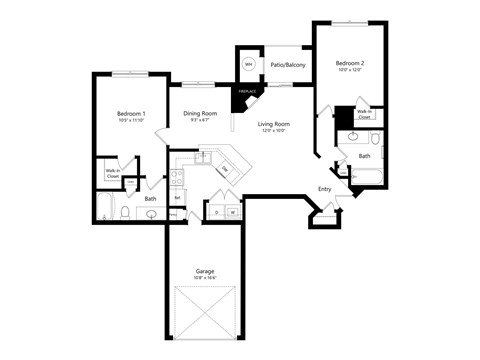 Floor plan for 2 beds, 2 baths, 1054 sqft